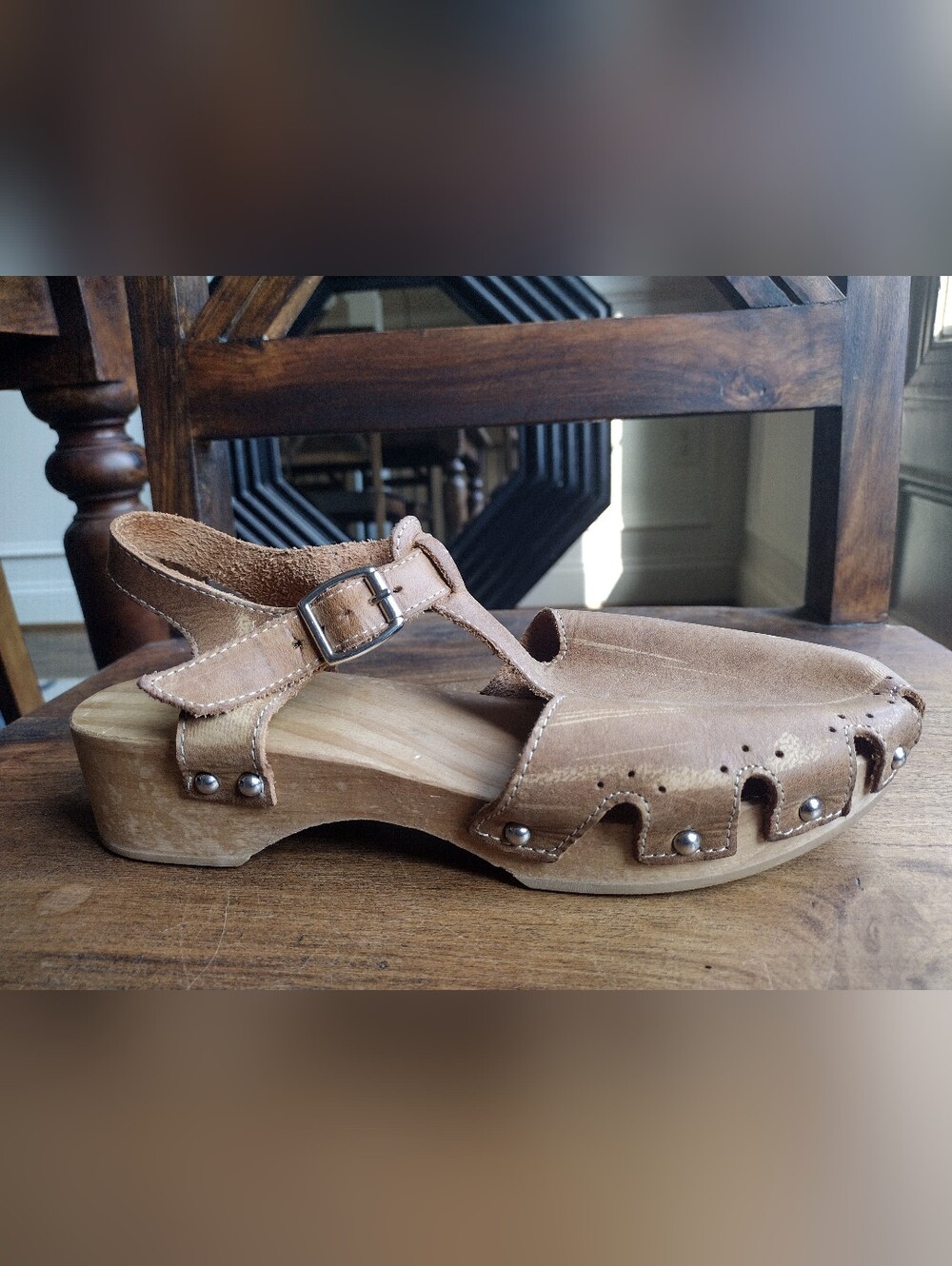 Zara Tan Distressed Leather Clogs Size 7